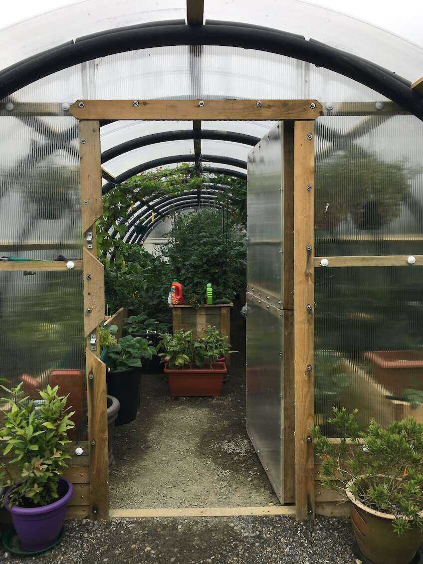 Looking through the door into a Polycrub built by AMK.