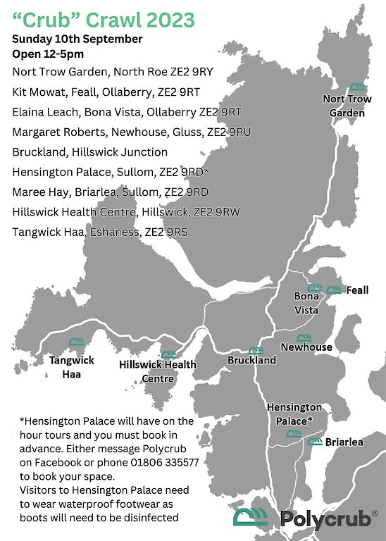 Map of Northmavine showing the Polycrubs open for visitors.